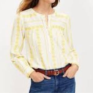 Loft cotton blend blouse, cream & yellow print. NWT. Half button up. Size MP